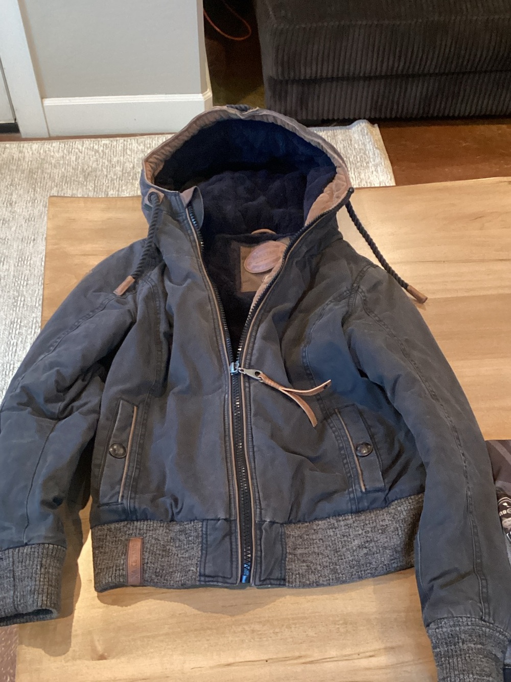 Naketano Navy Fleece Jacket with Brown Leather Badges